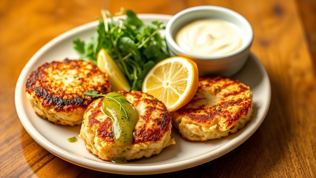 crab cakes with vibrant garnishes