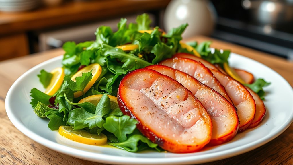 glazed ham with greens
