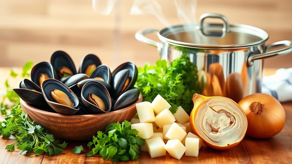 mussels prepared for chowder