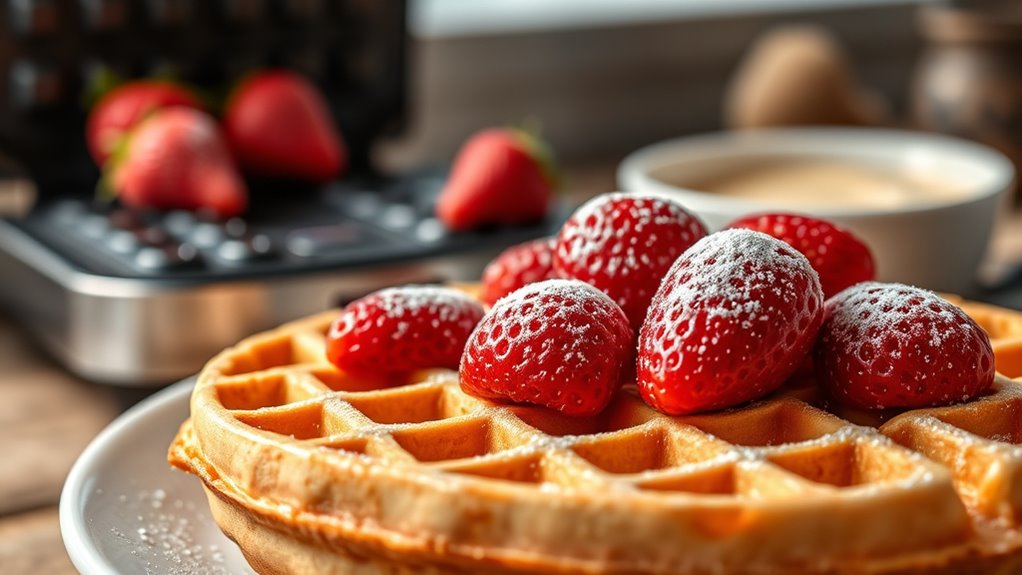 perfectly golden waffle cooking