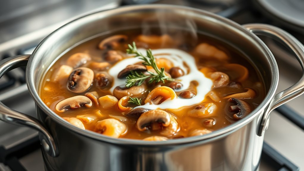 saut mushrooms simmer broth