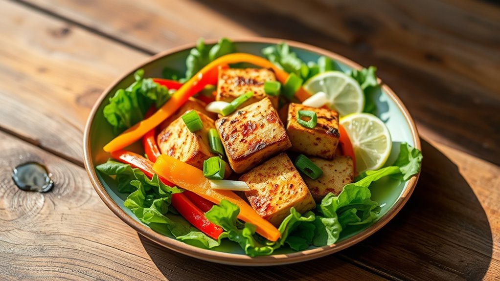 sear tofu with vibrant vegetables