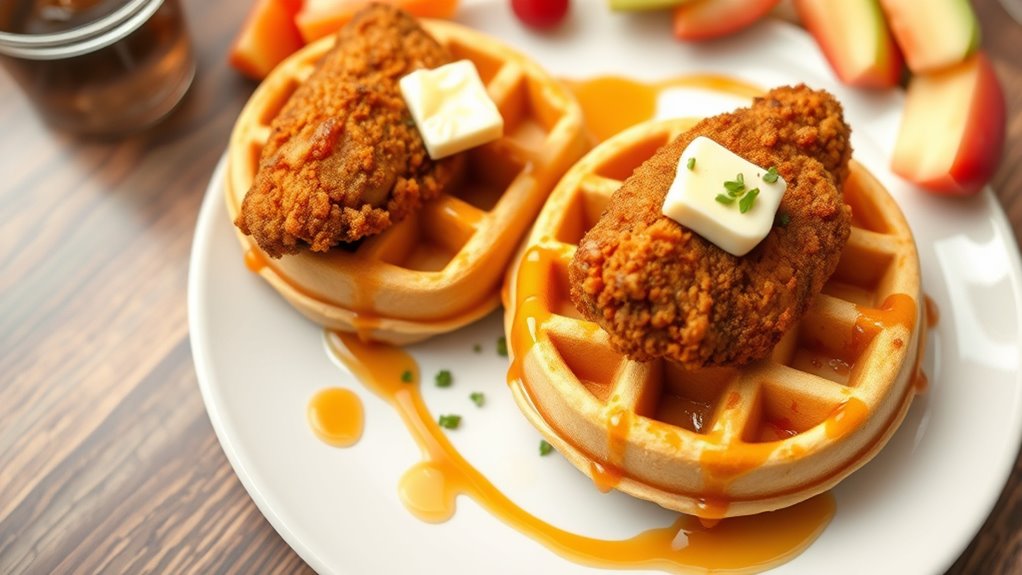 serve chicken atop waffles