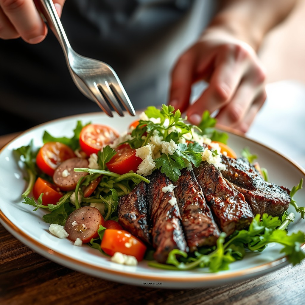 Assembling the Salad - arugula steak salad recipe