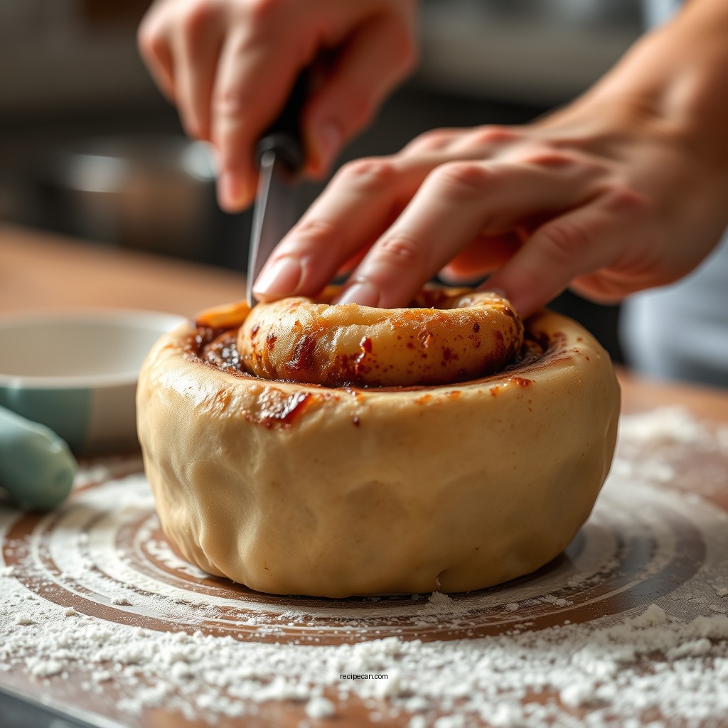Rolling and Cutting the Dough - bisquick cinnamon roll recipe