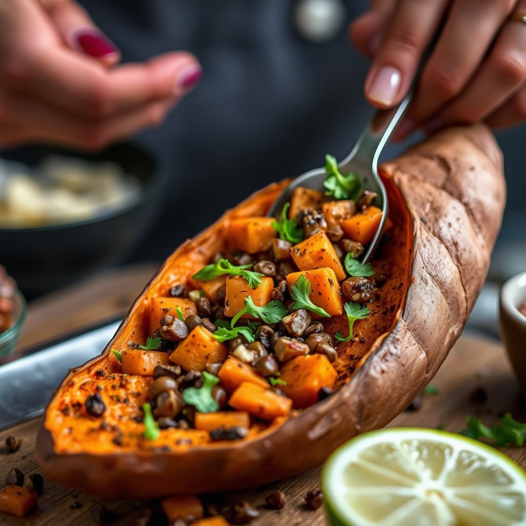 Roasting the Sweet Potatoes - brown butter lentil and sweet potato salad recipe