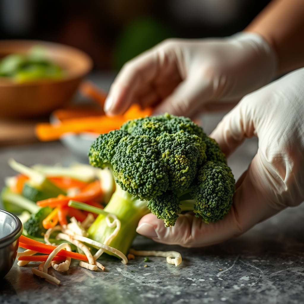 Preparing the Broccoli - chicken salad chick recipe for broccoli salad