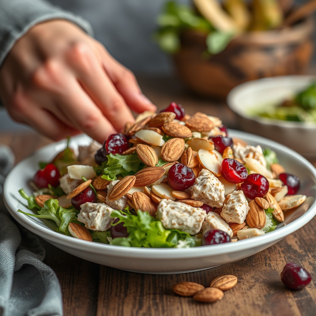 Mixing the Salad - cranberry chicken salad recipe almonds