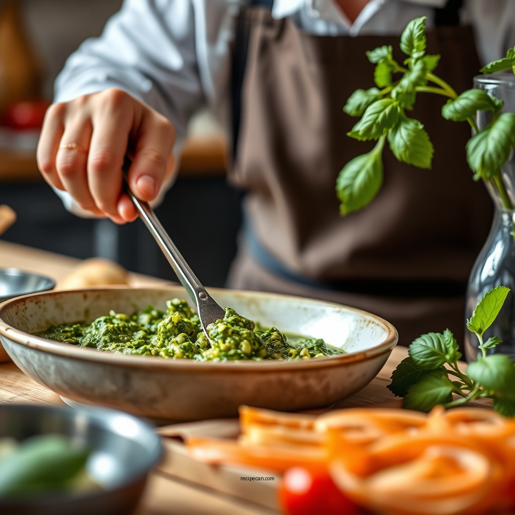Preparing the Pesto Base - creamy pesto sauce recipe