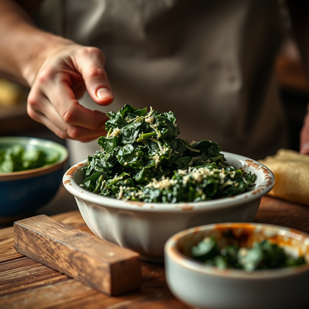 Preparing the Spinach Filling - greek spinach pie recipe