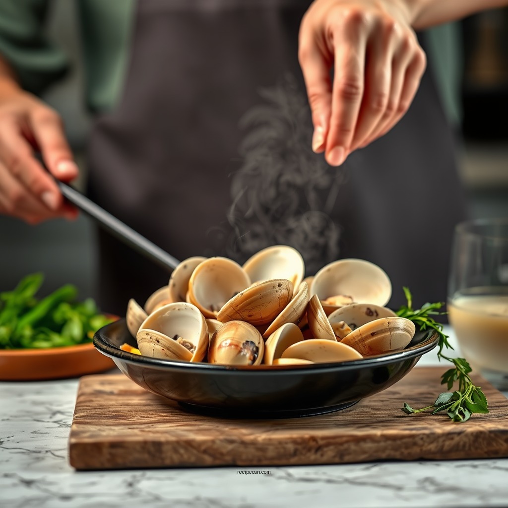Preparing the Clams - linguine with clam sauce recipe