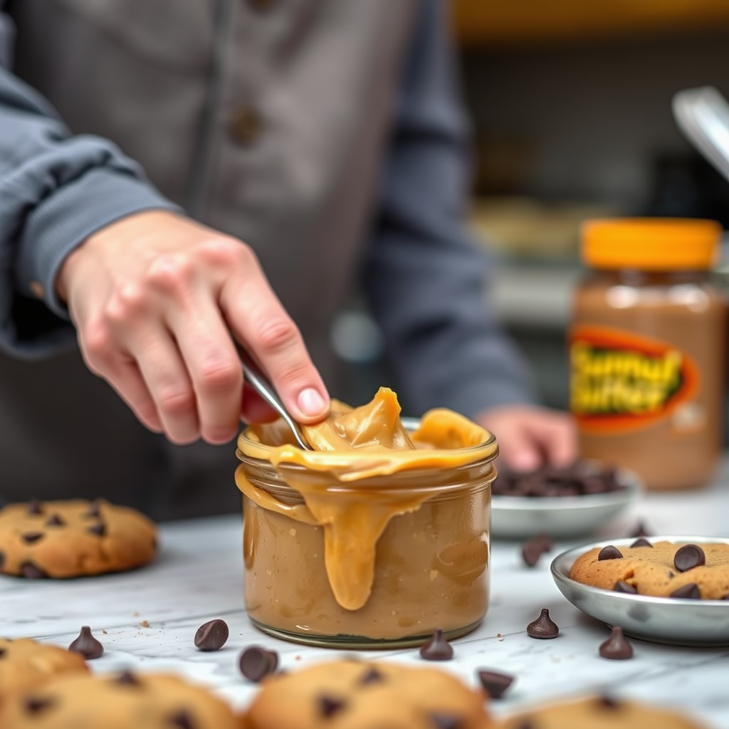 How to Melt Peanut Butter Properly - melting peanut butter adding to chocolate chips cookies recipe