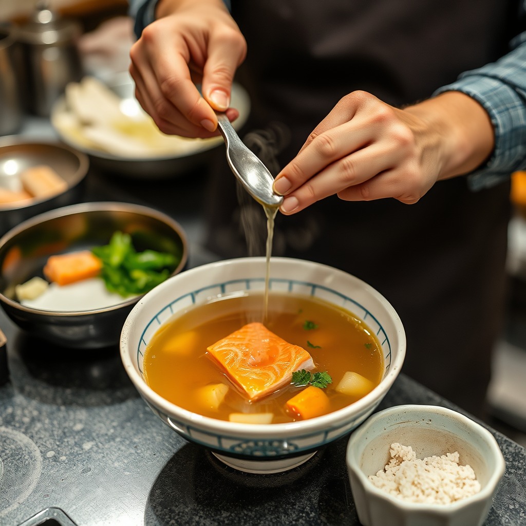 Preparing the Miso Broth - miso salmon soup recipe