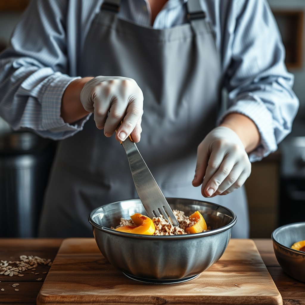 Preparing the Peach Filling - peach crisp recipe with oats