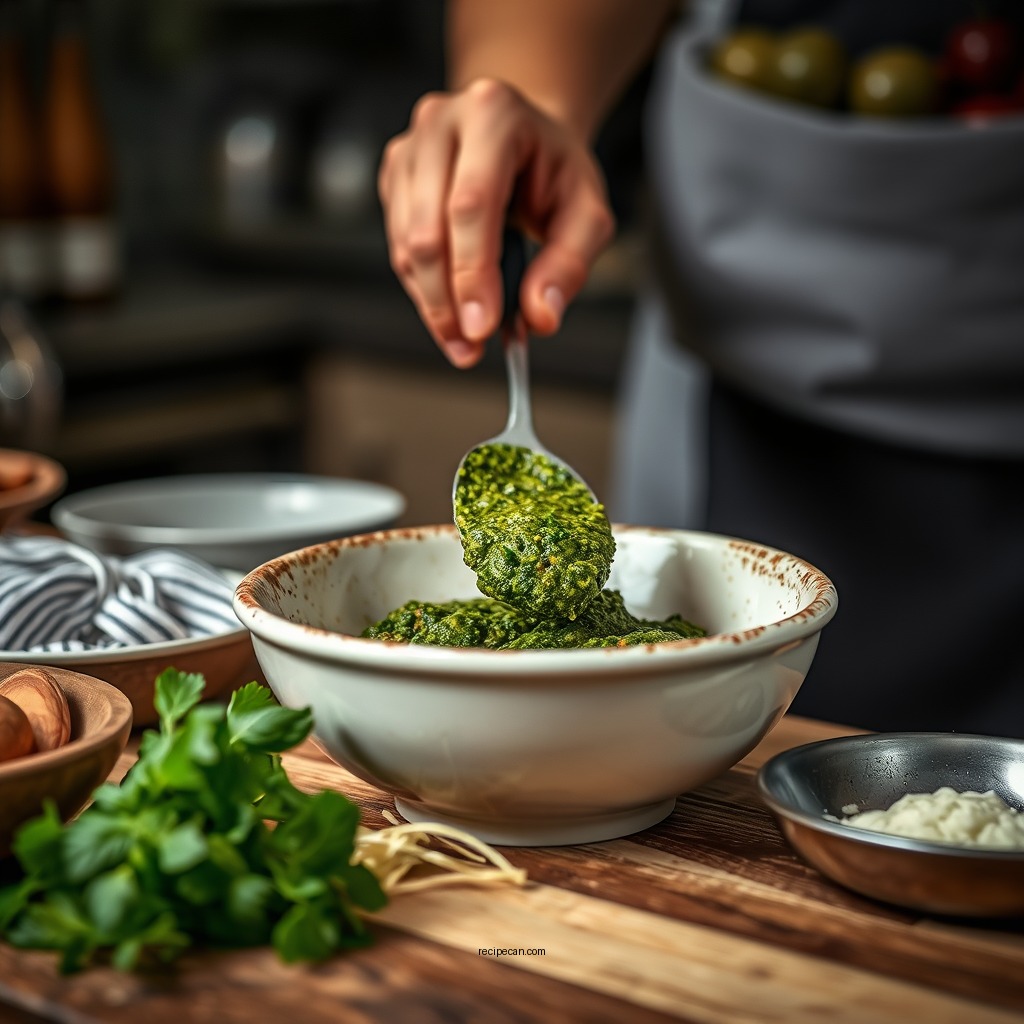 Preparing the Pesto - pesto cream sauce recipe