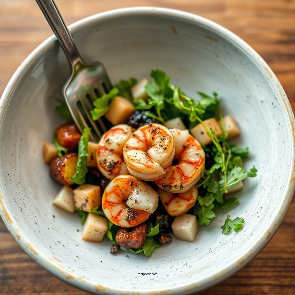 Assembling the Salad - recipe for blackened shrimp salad