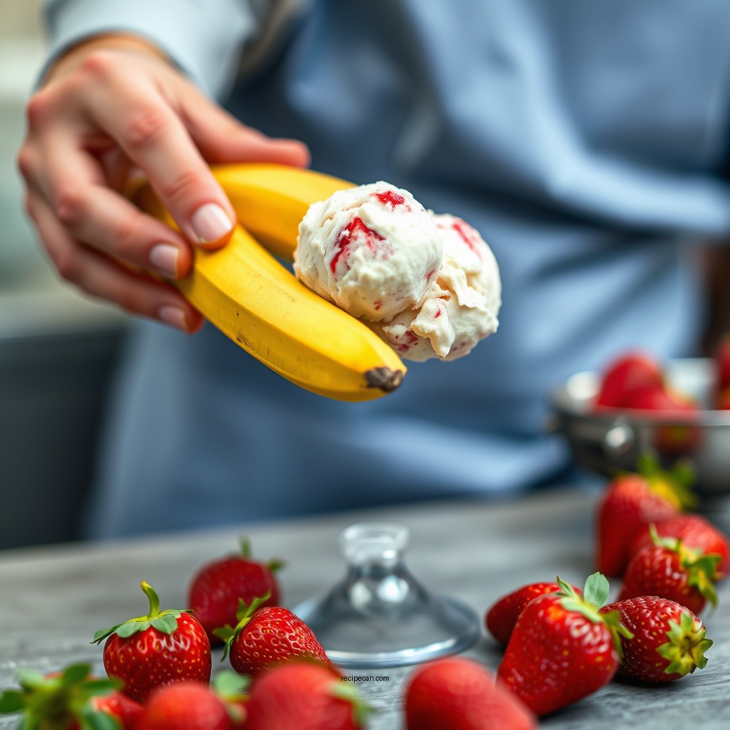 Preparing the Strawberries and Bananas - recipe for strawberry banana ice cream