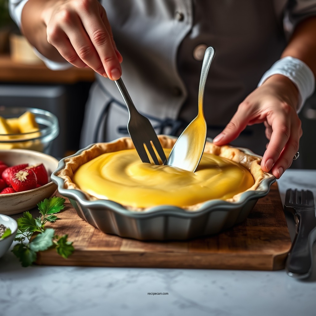 Making the Custard Filling - rhubarb and custard pie recipe