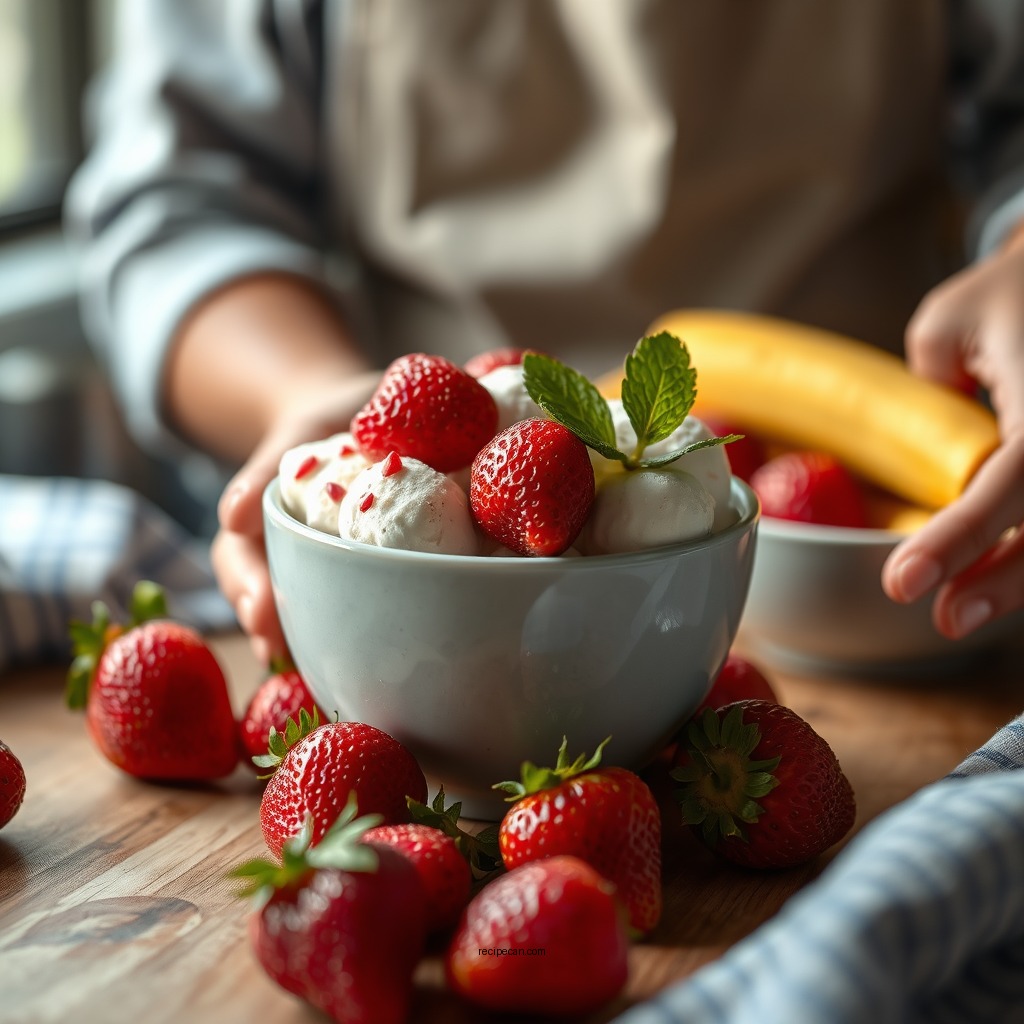 Preparing the Strawberries - strawberries and cream ice cream recipe