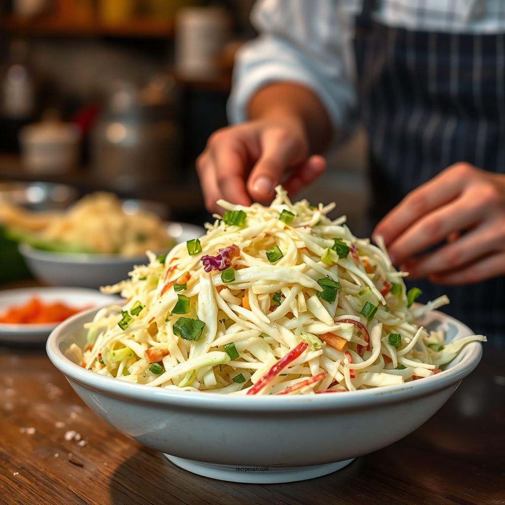 Preparing the Coleslaw - sweet and sour coleslaw recipe