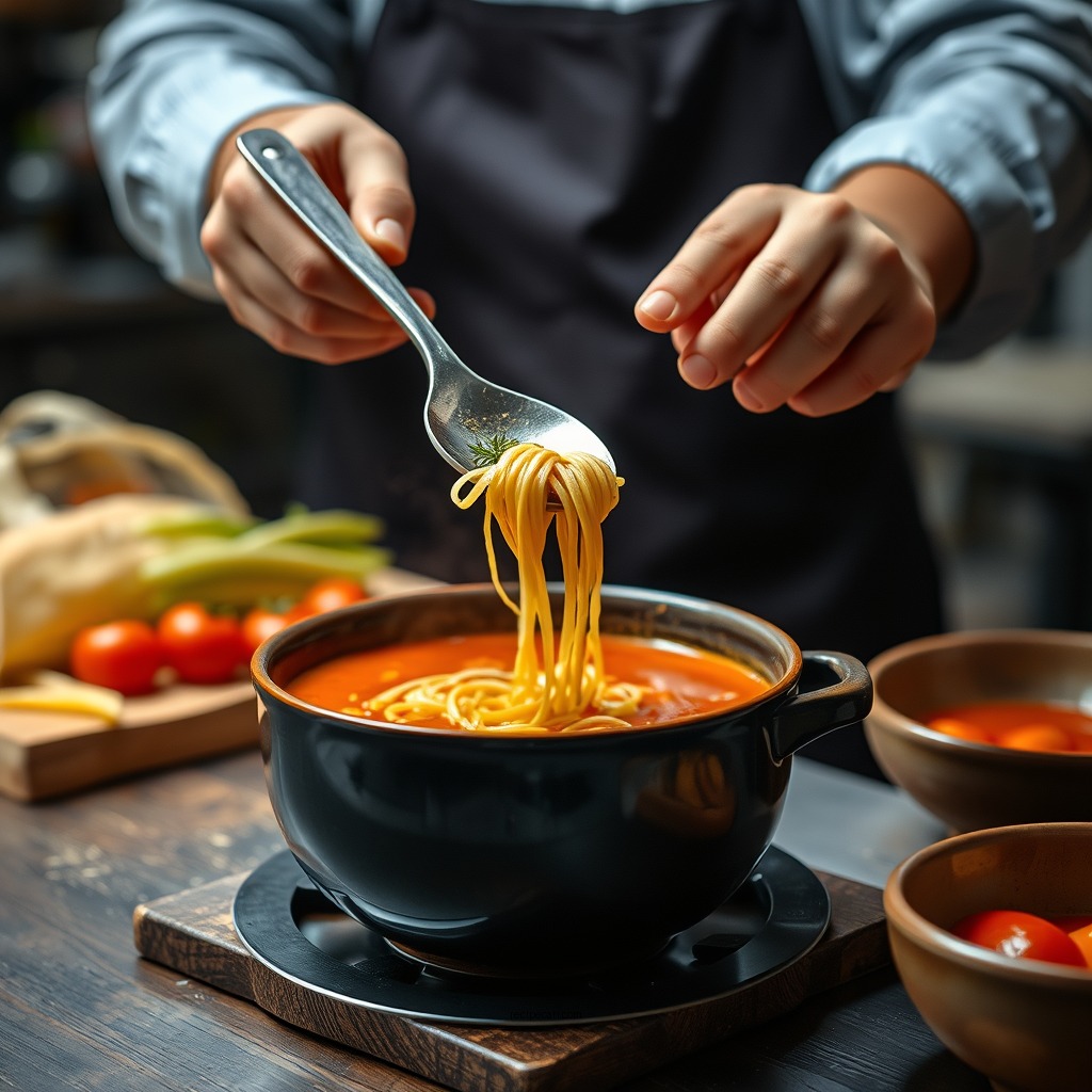 Preparing the Tomato Soup - tomato soup and noodles recipe