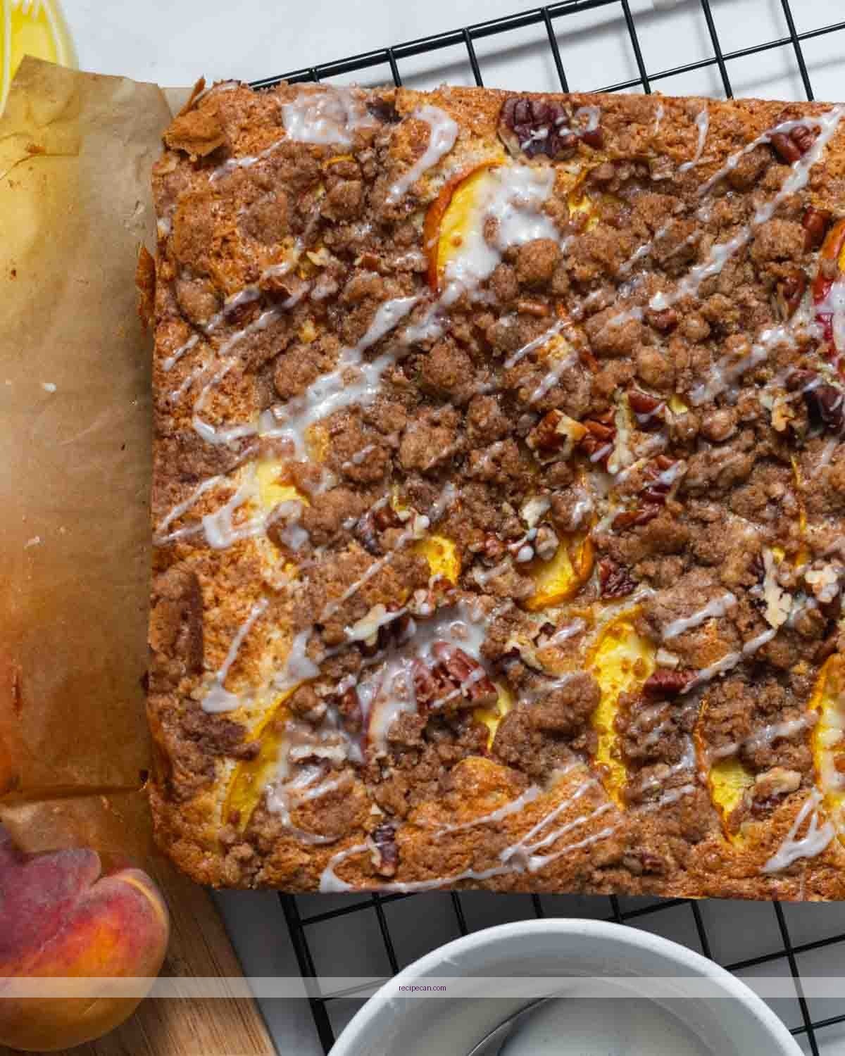 Peach Coffee Cake Slice Baking Ingredients Delicious Peach Coffee Cake - recipe for peach coffee cake