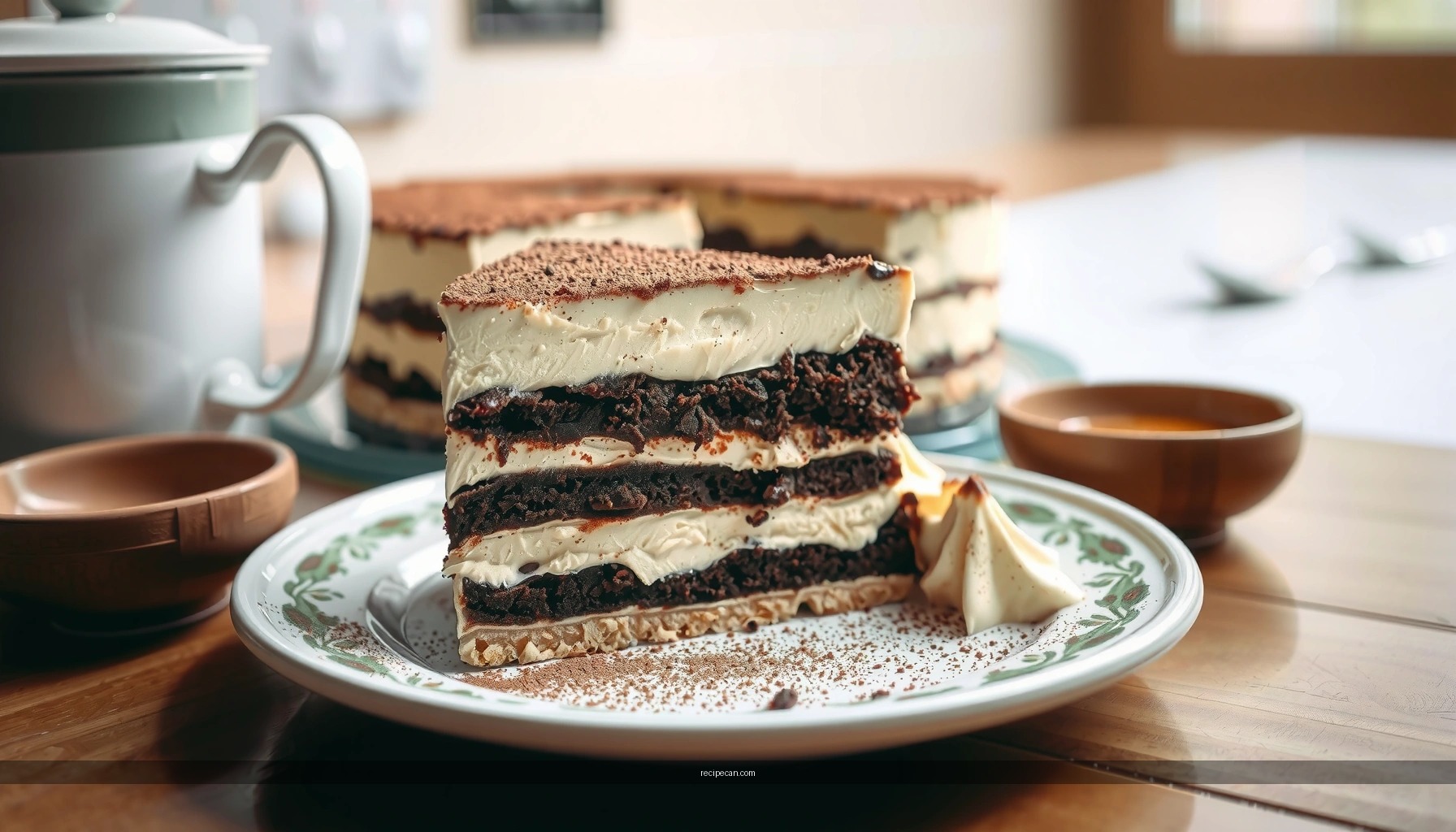Traditional tiramisu cake is a layered dessert made with coffee-soaked sponge, mascarpone cream, and cocoa on top. This tradi